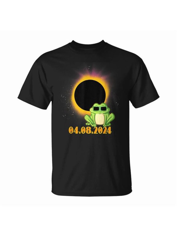 Solar Eclipse 2024 Tee Frog Wearing Eclipse Glasses Unisex Adult Cotton Funny Astronomy Event Souvenir Graphic Shirt, Size S, Color Black