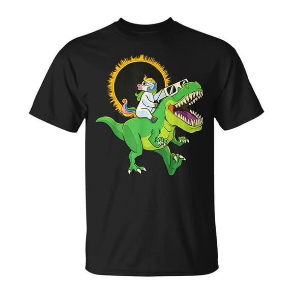 Solar Eclipse 2024 Unicorn Riding T-Rex Dinosaur Graphic Tee for Boys Cotton T-Shirt for Casual Wear and Special Events, Size XL, Color Black