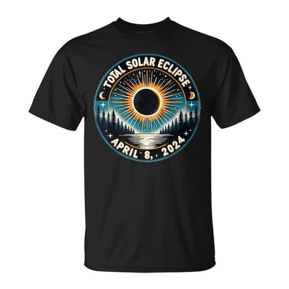 Solar Eclipse 2024 Vintage Astronomy Graphic Tee Unisex Adult Cotton Shirt for April 8 Totality Viewing Event, Retro Casual Outfit, Celestial Gift Idea, Size L, Color Black