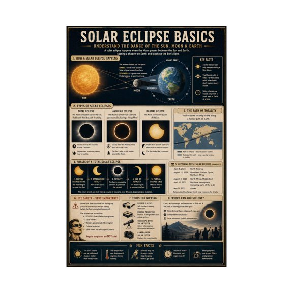 Solar Eclipse Basics Poster Science Educational Wall Art