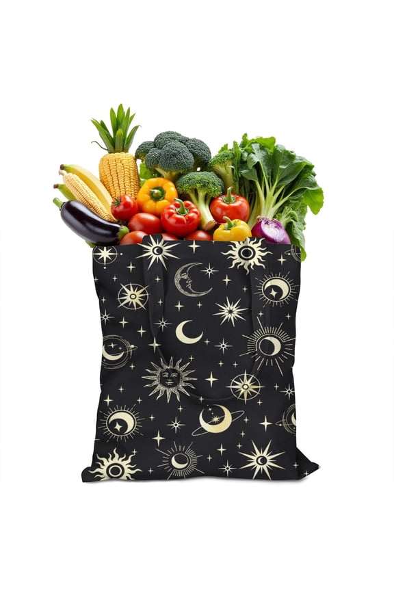 Solar Eclipse Canvas Tote Bag with Gothic Moon and Star Pattern, Durable Eco-Friendly Reusable Shopping Tote, Lightweight Foldable Handbag for School & Beach