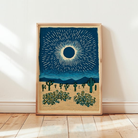 Solar Eclipse Desert Poster, Cactus Landscape Print, Night Sky Art, Poster Only