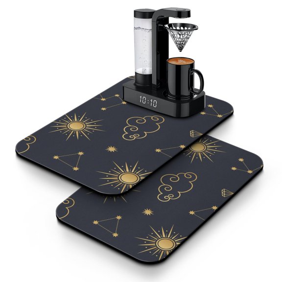 Solar Eclipse Dish Drying Mat, Leak-Proof Absorbent Coffee Bar Mat with Cosmic Starburst & Ethereal Patterns, Non-Slip Kitchen Mat for Coffee Makers
