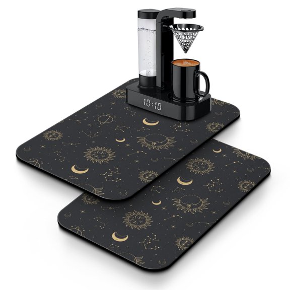 Solar Eclipse Dish Drying Mat, Leak-Proof Absorbent Coffee Bar Mat with Cosmic Starburst & Ethereal Patterns, Non-Slip Kitchen Mat for Coffee Makers