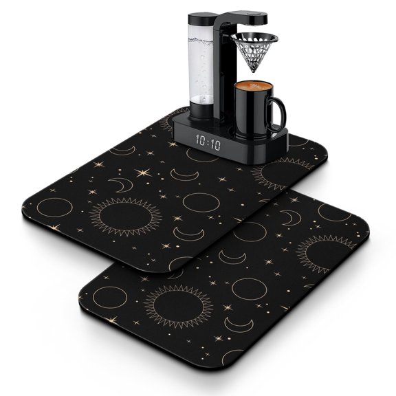 Solar Eclipse Dish Drying Mat, Leak-Proof Absorbent Coffee Bar Mat with Cosmic Starburst & Ethereal Patterns, Non-Slip Kitchen Mat for Coffee Makers