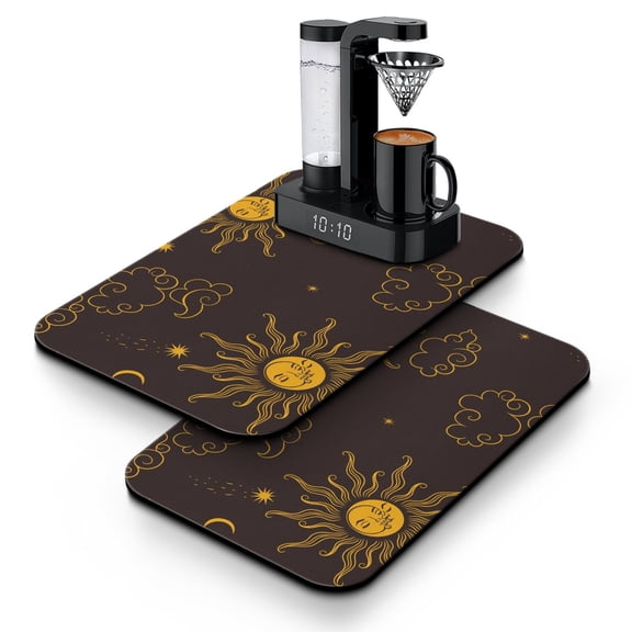 Solar Eclipse Dish Drying Mat, Leak-Proof Absorbent Coffee Bar Mat with Cosmic Starburst & Ethereal Patterns, Non-Slip Kitchen Mat for Coffee Makers