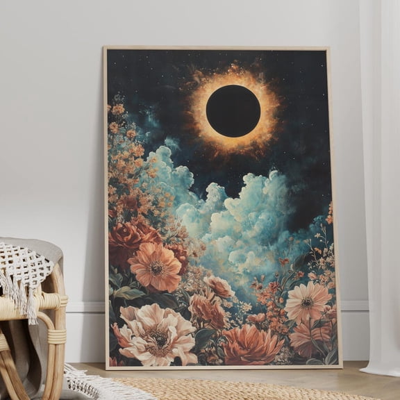 Solar Eclipse Floral Landscape Poster, Dark Celestial Wall Art