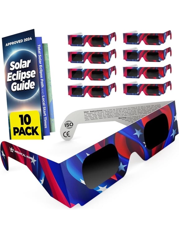Solar Eclipse Glasses 10 Pack - 2024 CE and ISO Certified American Design Safe Shades for Direct Sun Viewing - Medical King