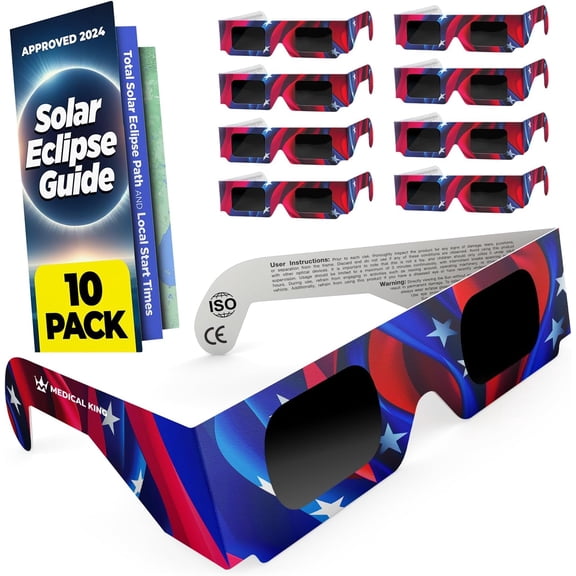 Solar Eclipse Glasses 10 Pack - 2024 CE and ISO Certified American Design Safe Shades for Direct Sun Viewing - Medical King