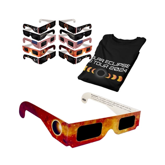 Solar Eclipse Glasses pack ISO certified 2024 viewing shade safe for direct sun Shirt + 10 Bundle / Black Large