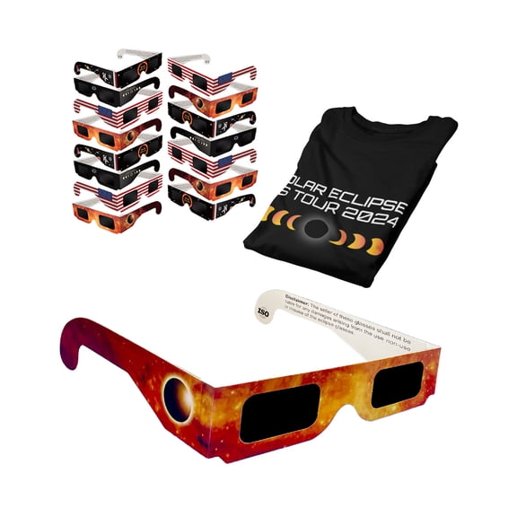 Solar Eclipse Glasses pack ISO certified 2024 viewing shade safe for direct sun Shirt + 15 Bundle / Black Small