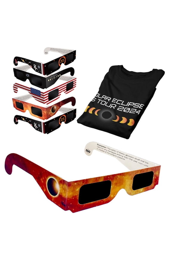 Solar Eclipse Glasses pack ISO certified 2024 viewing shade safe for direct sun Shirt + 5 Bundle / Black Large