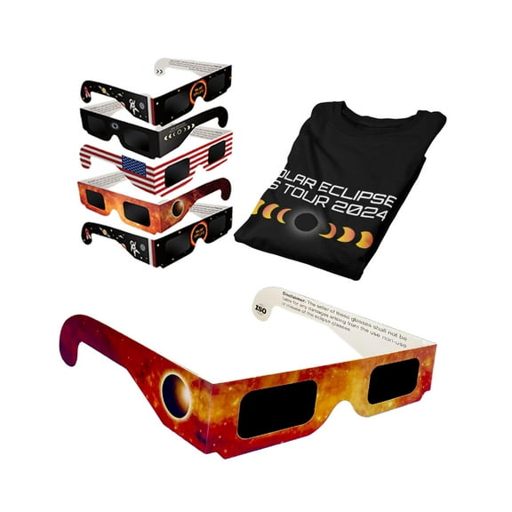Solar Eclipse Glasses pack ISO certified 2024 viewing shade safe for direct sun Shirt + 5 Bundle / Black Medium