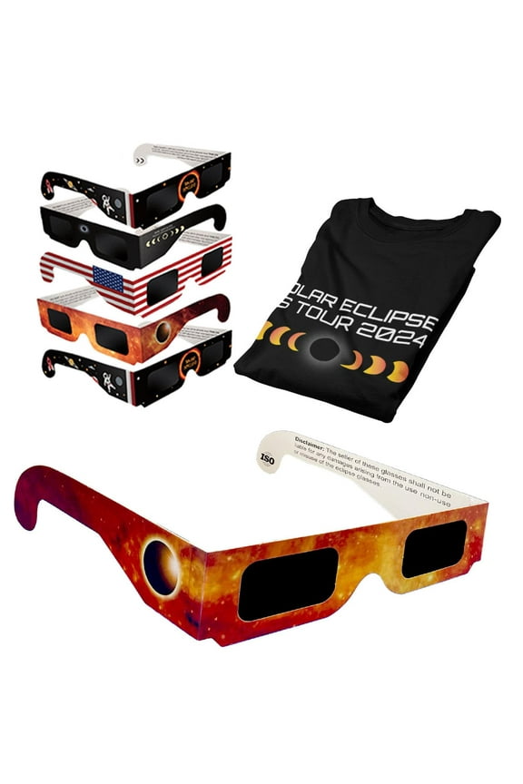 Solar Eclipse Glasses pack ISO certified 2024 viewing shade safe for direct sun Shirt + 5 Bundle / Black XX-Large