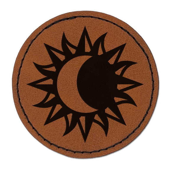 Solar Eclipse Sun Moon 2.5" Faux Leather Round Engraved Iron-On Patch - Brown