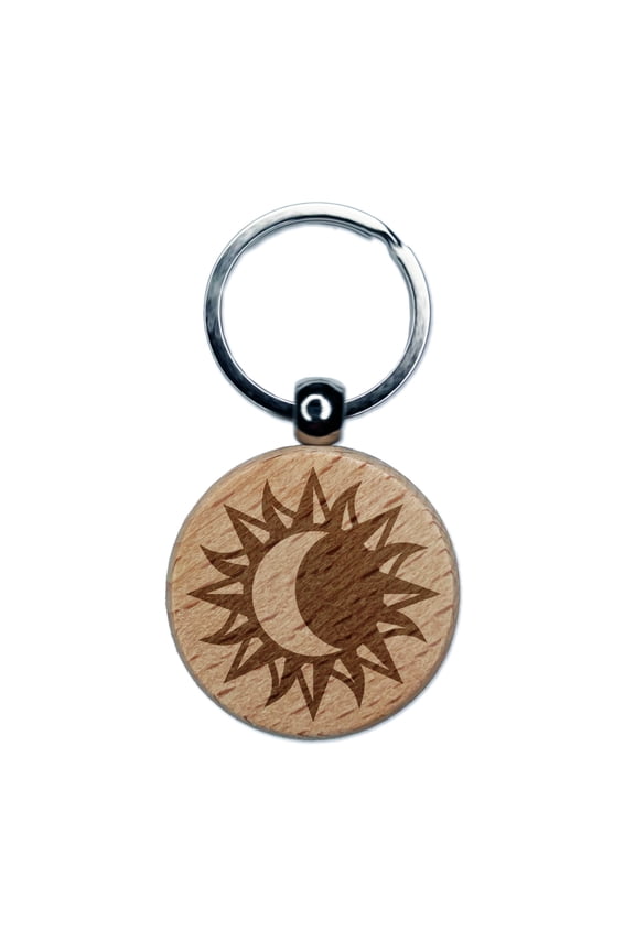Solar Eclipse Sun Moon Round Keychain Charm Tag - Engraved Wood