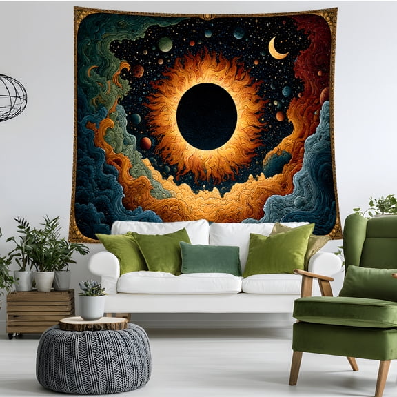Solar Eclipse Tapestry Wall Hanging, Celestial Sun Moon Galaxy Wall Decor, Mystical Space Room Decor for Bedroom Dorm Living Room