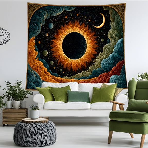Solar Eclipse Tapestry Wall Hanging, Celestial Sun Moon Galaxy Wall Decor, Mystical Space Room Decor for Bedroom Dorm Living Room
