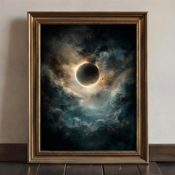 Solar Eclipse Wall Art Moody Dark Academia Print Celestial Night Sky Gothic Dark Blue