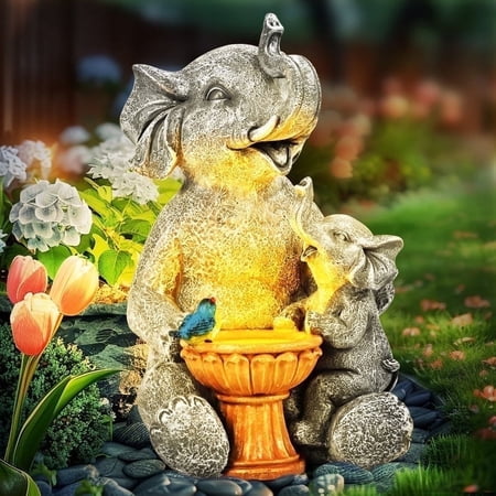 Solar Elephant Statues Outdoor, Garden Decor Bird Bath for Patio with LED Lights, Thoughtful Gift for Mom, Grandma, Wife