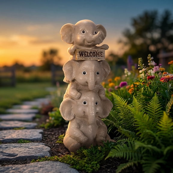 Solar Elephant Garden Statue with Lighted Welcome Sign, Outdoor Decor for Patio Porch Yard, Cute Elephant Family Figurine for Garden, Gift for Mom Grandma Garden Lovers