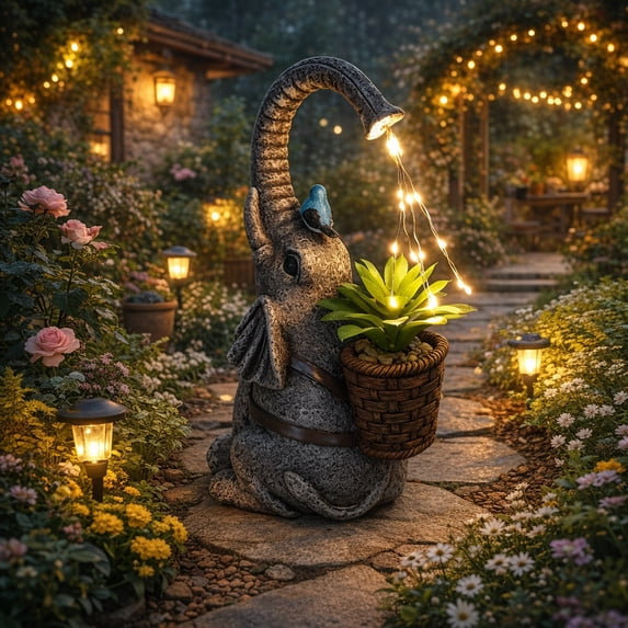 Solar Elephant Garden Statue Outdoor Decor LED Light Sculpture for Patio Yard Lawn way Landscape Ambient Lighting