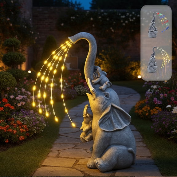 Solar Elephant Lights Outdoor Patio Decor | Resin Statue Gray 30x12cm | Solar-Powered Ambient Yard Ornament | Weatherproof Accent for Garden, Balcony, Room Corner | Elegant Whimsical Gift