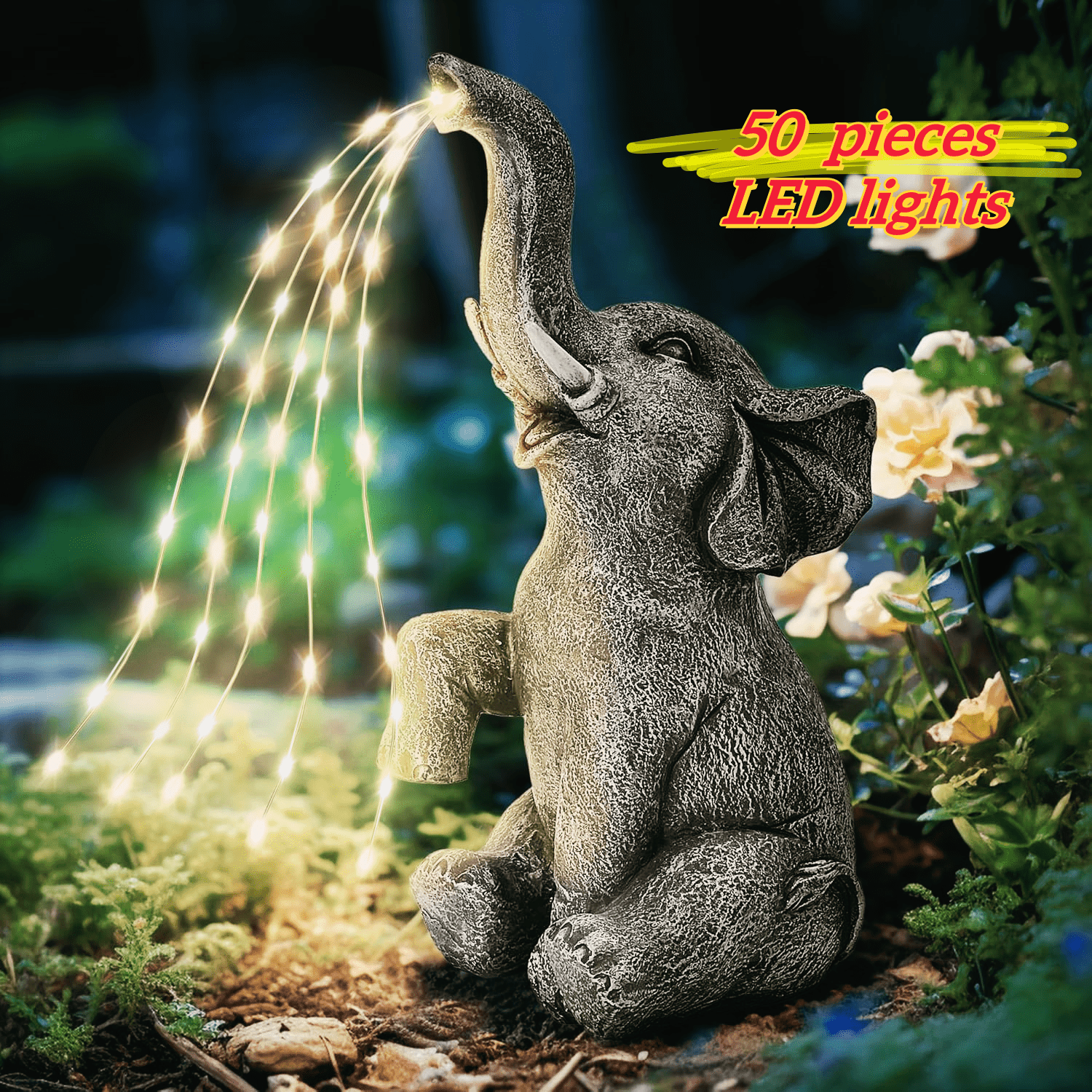 Solar Elephant Statue with 50 Led Twinkling Lights Garden Decor Outdoor Sculptures for Outside Ornaments - Porch Patio Balcony Front Yard Thanksgiving Gifts