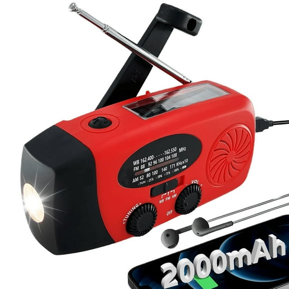 Solar Emergency Hand Crank Weather Radio,AM/FM NOAA Portable Radio with 2000mAh Battery Phone Charger,SOS Alarm & Solar Power LED Flashlight for Camping,Emergency
