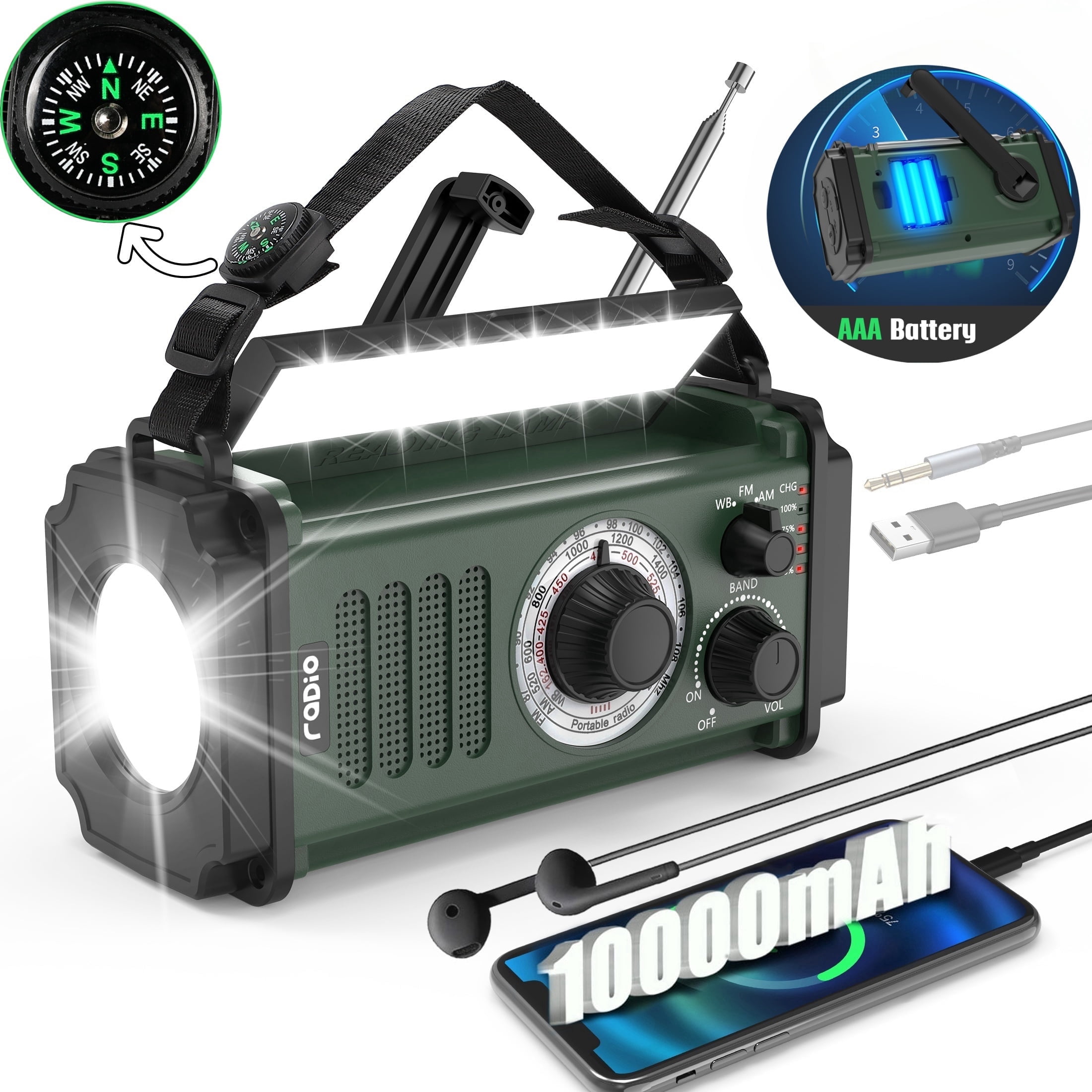 Skyhot 10000mAh Portable Hand Crank Solar Emergency Weather Radio with NOAA/AM/FM/Type-C USB Charging Radios/LED Reading Light/SOS/Compass for Outdoor Camping/Hiking/Travelling