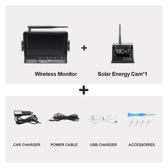 Solar Energy Wireless Reverse Backup Camera With AHD 7" Rear View DVR Recording Monitor For Camper/Truck/Hitch/Trailer ,Clear Images