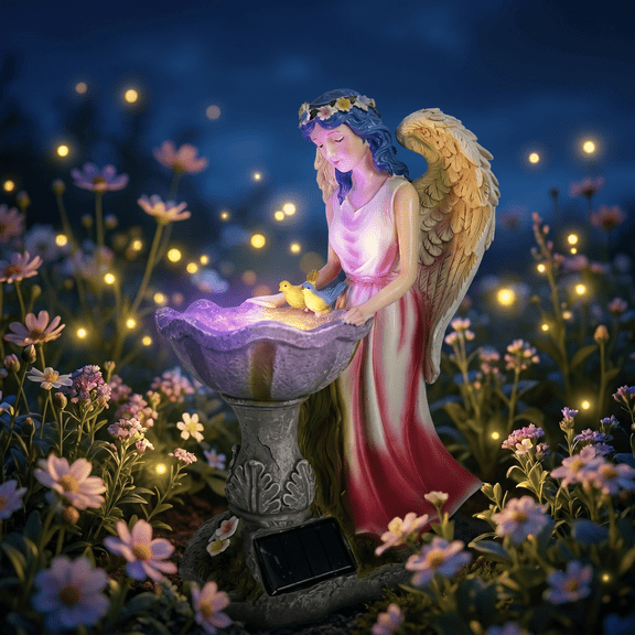 Solar Fairy Bird Bath Garden Statue with Color-Changing LED, 12.2 In