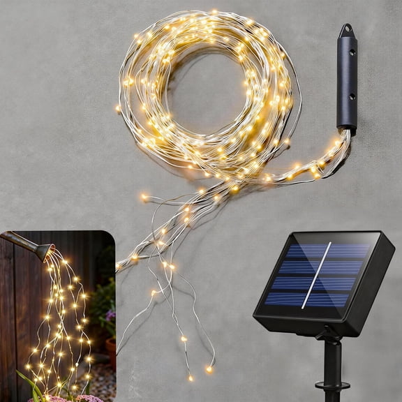 Solar Fairy Lights Outdoor, Multi Strand 180 LEDs Watering Can Light, Waterproof Powered Waterfall Lights, Firefly Bunch String for Garden Outside Decor, Warm White