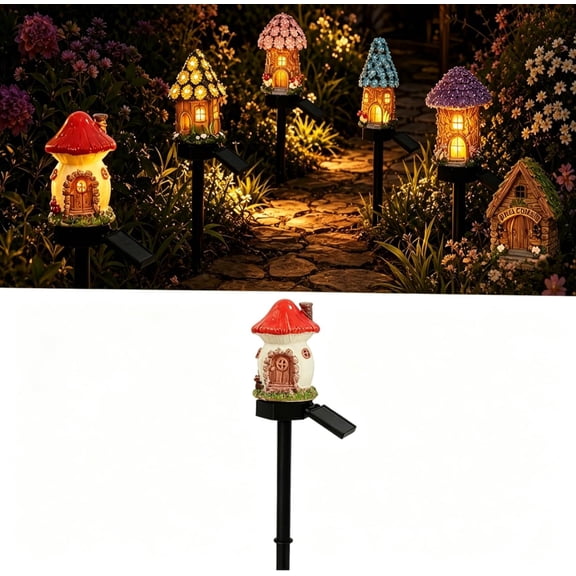 Solar Fairy-Tale Mushroom Cottage Garden Light, Waterproof LED Outdoor Mushroom House Statue Decor Lamp, Auto On/Off Landscape Pathway Light for Yard Patio Lawn Flower Bed (Red)