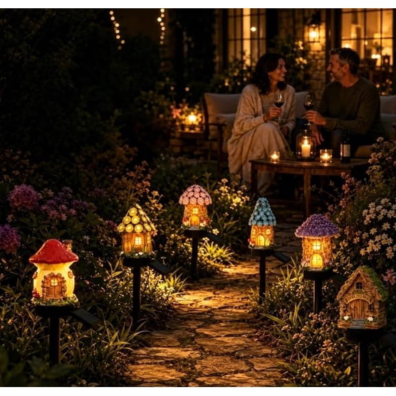 Solar Fairy-Tale Mushroom Cottage Garden Light, Waterproof LED Outdoor Mushroom House Statue Decor Lamp, Auto On/Off Landscape Pathway Light for Yard Patio Lawn Flower Bed (6Pcs)