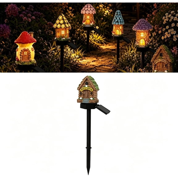 Solar Fairy-Tale Mushroom Cottage Garden Light, Waterproof LED Outdoor Mushroom House Statue Decor Lamp, Auto On/Off Landscape Pathway Light for Yard Patio Lawn Flower Bed (Green)
