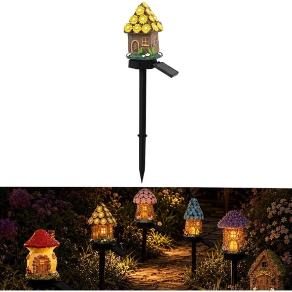 Solar Fairy-Tale Mushroom Cottage Garden Light, Waterproof LED Outdoor Mushroom House Statue Decor Lamp, Simple Tool-Free, Auto On/Off Landscape Pathway Light for Yard Patio Lawn