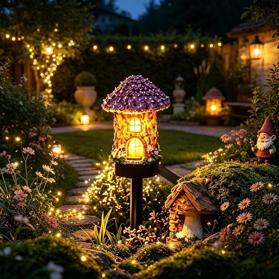 Solar Fairy-Tale Mushroom House Lights Cottage Garden Stake Lights, Resin Mushroom Cottage Figurine, Waterproof LED Mushrooms House Statue Lamp, Outdoor Landscape Pathway Yard Patio