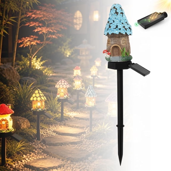 Solar Fairy-Tale Mushroom House Lights Cottage Garden Stake Lights, Resin Mushroom Cottage Figurine, Waterproof LED Mushrooms House Statue Lamp, Outdoor Landscape Pathway Yard Patio Lawn (E-1Pcs)