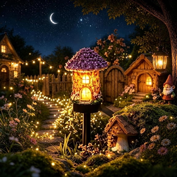 Solar Fairy-Tale Mushroom House Lights Cottage Garden Stake Lights, Resin Mushroom Cottage Figurine, Waterproof LED Mushrooms House Statue Lamp, Outdoor Landscape Pathway Yard Patio Lawn Decor