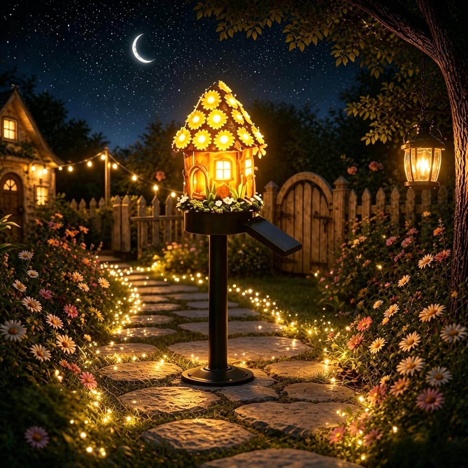 Solar Fairy Tale Mushroom House Lights Cottage Garden Stake Lights Resin Mushroom Cottage Figurine Waterproof LED Statue Lamp Outdoor Pathway Decor