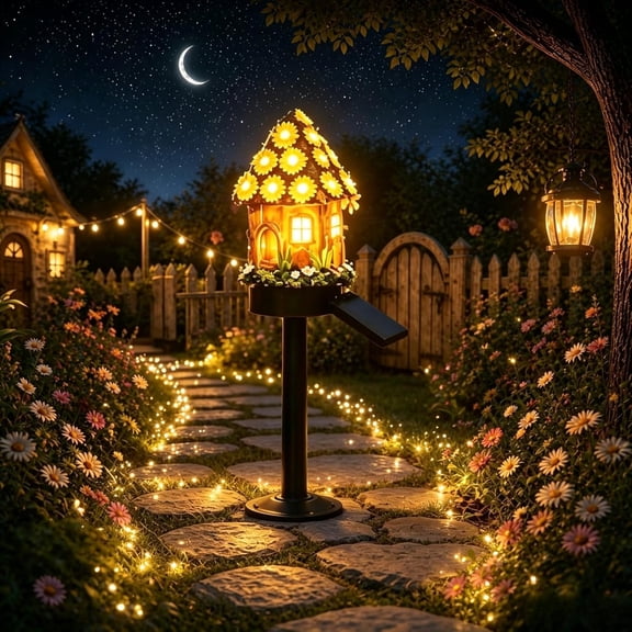 Solar Fairy Tale Mushroom House Lights Cottage Garden Stake Lights Resin Mushroom Cottage Figurine Waterproof LED Statue Lamp Outdoor Pathway Decor