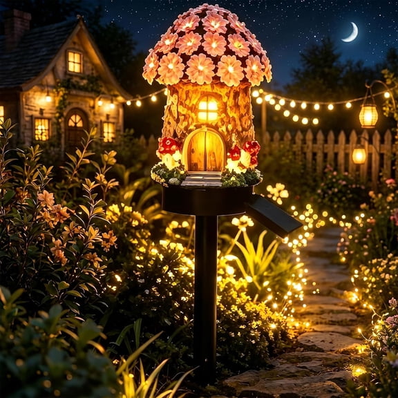 Solar Fairy-Tale Mushroom House Lights Cottage Garden Stake Lights, Waterproof LED Resin Mushroom Cottage Figurine Decor Lamp, Auto On/Off Landscape Pathway Light for Yard Patio Lawn Flower Bed