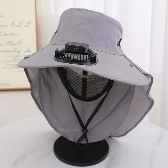 Solar Fan Bucket Hat For Men Women UPF50+ Sun Wide Brim Outdoor Sports Summer Fishing Hat With Technology Hiking Cap for Men Fedora Hats Women Hat with Ponytail Hole Resting Beach Face Floppy Hat