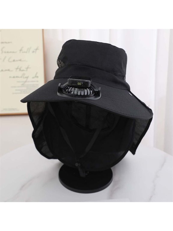 Solar Fan Bucket Hat For Men Women UPF50+ Sun Wide Brim Outdoor Sports Summer Fishing Hat With Technology Hiking Cap for Men Fedora Hats Women Hat with Ponytail Hole Resting Beach Face Floppy Hat