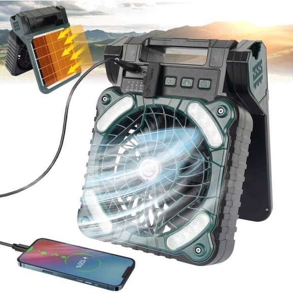 Solar  Fan Camping with LED Light, 10400mAh Portable Camping Fans with Solar Panel, Rechargeable  Operated Tent Fan for Outdoor  RV Hurricane