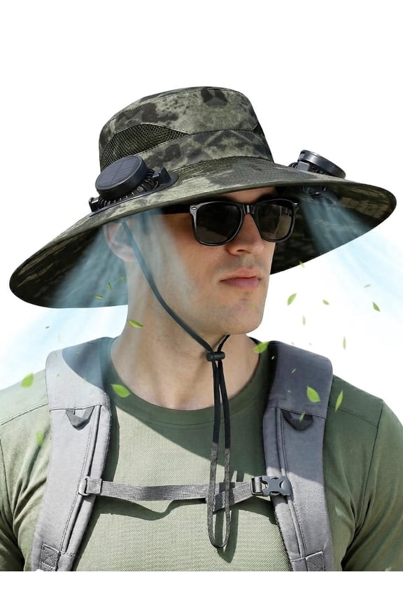 Solar Fan Hat with 2 Removable Fans – Wide Brim Cooling Sun Hat, USB & Solar Powered, Outdoor Bucket Hat for Fishing Hiking Gardening Beach, Men Women