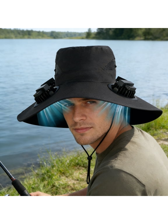 Solar Fan Hat for Men, Wide Brim Sun Protection Cap with 4 Heads, Solar & USB Rechargeable 800mAh Battery, 3 Speeds, Breathable Polyester, Ideal for Hiking Fishing Gardening Summer Outdoor