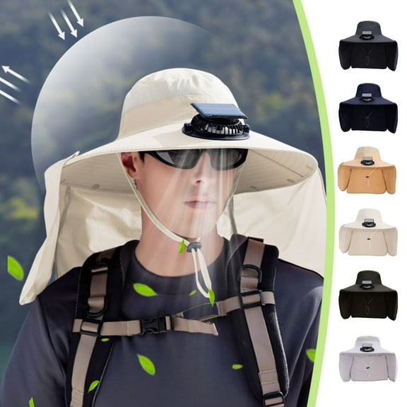 Solar Fan Hat Rechargeable Wide Brim Waterproof Quick-Dry Breathable Mesh Outdoor Sun Protection Adjustable Neck Cover USB Solar Power 3 Speed Cooling | 50-60cm