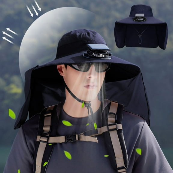 Solar Fan Hat Rechargeable Wide Brim Waterproof Quick-Dry Breathable Mesh Outdoor Sun Protection Adjustable Neck Cover USB Solar Power 3 Speed Cooling | 50-60cm